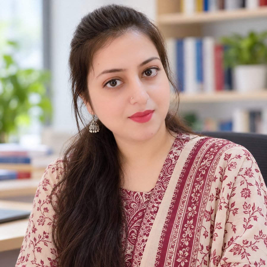 Portrait of Roheen Qamar in her office, in front of a bookshelf